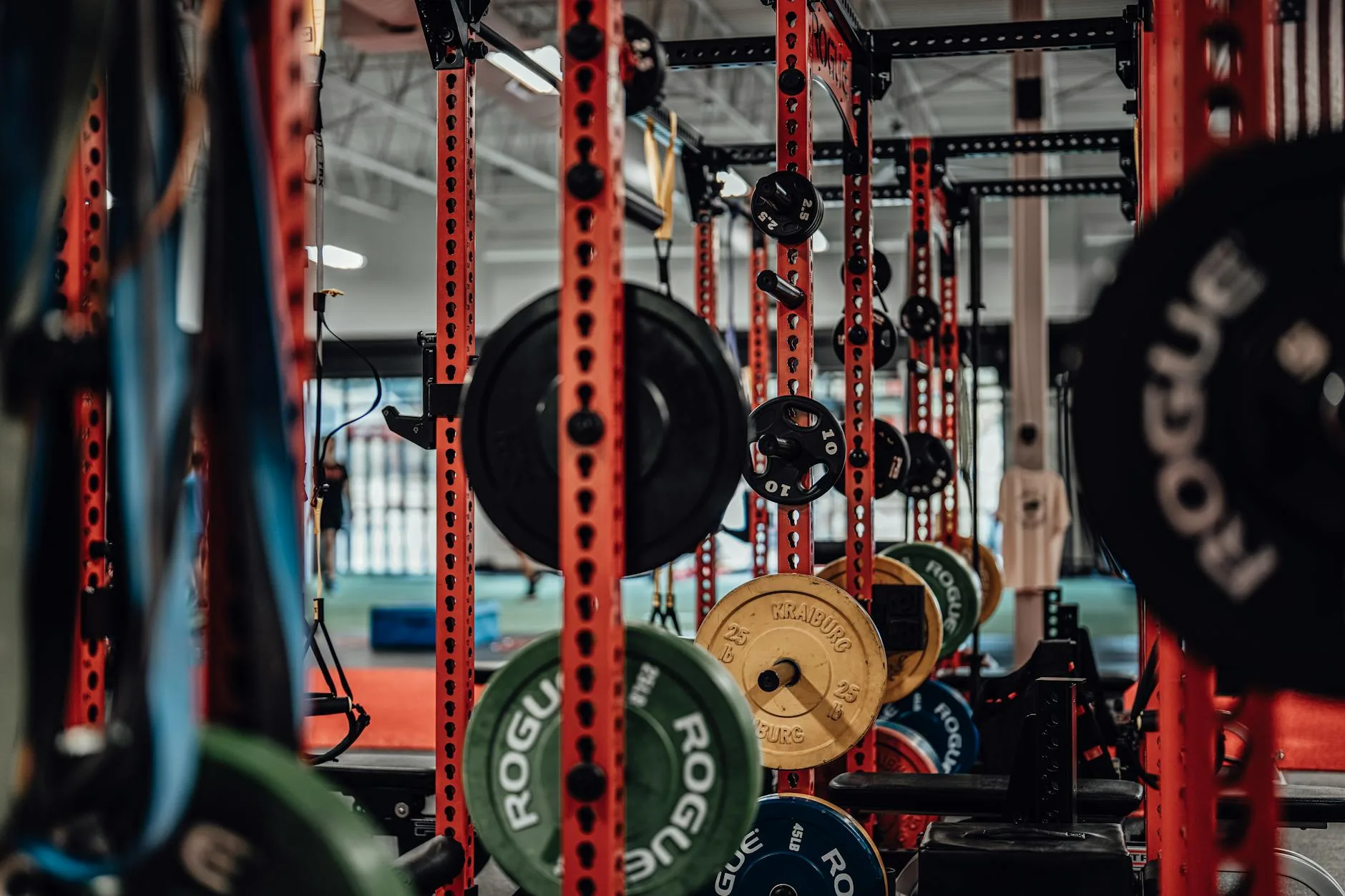 Home gym setup with squat rack and weight plates
