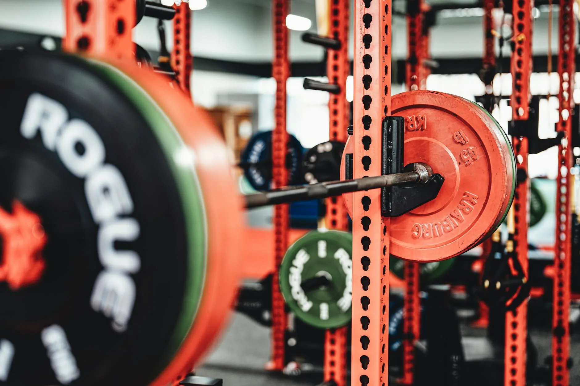 Weight plates stored on squat rack hooks in a home gym