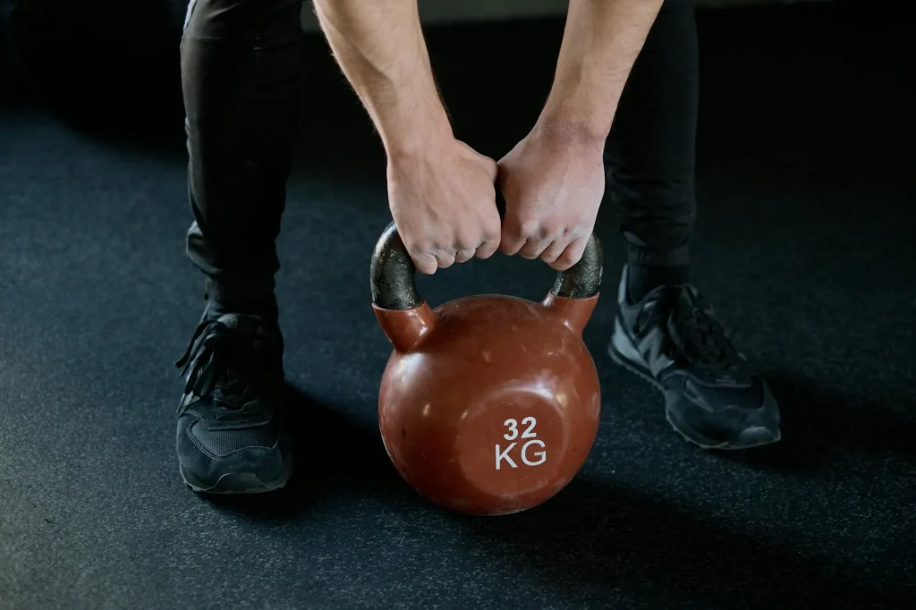 Kettlebell on the floor of a gym ready for training