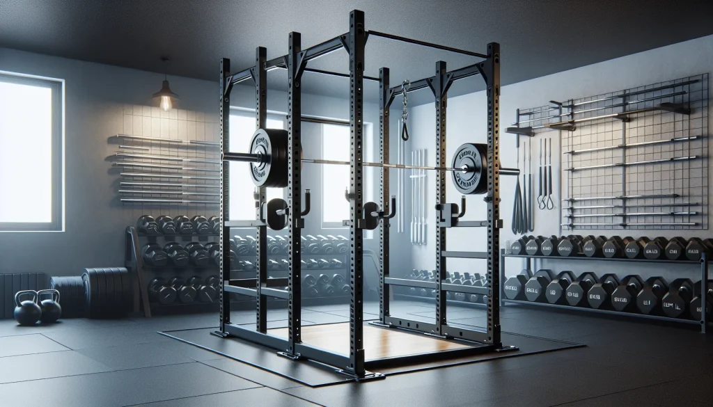 Power rack squat cage set up in a home gym with barbell