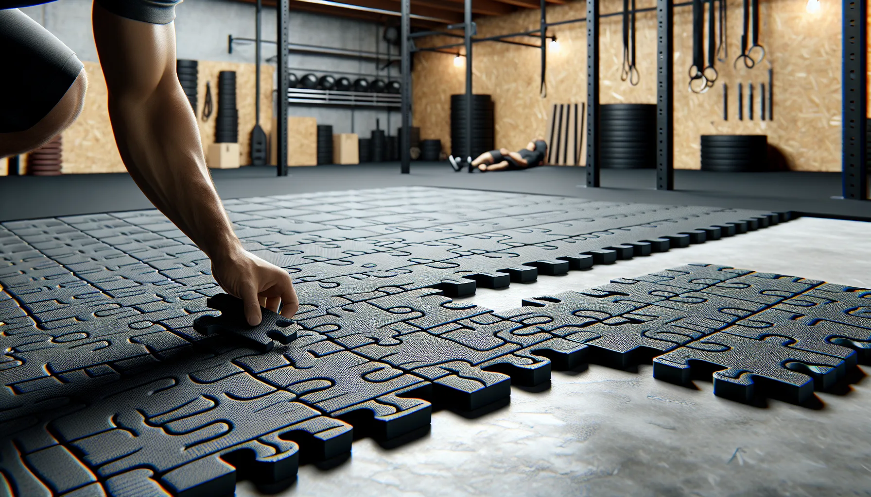 Interlocking rubber gym floor tiles in a garage gym