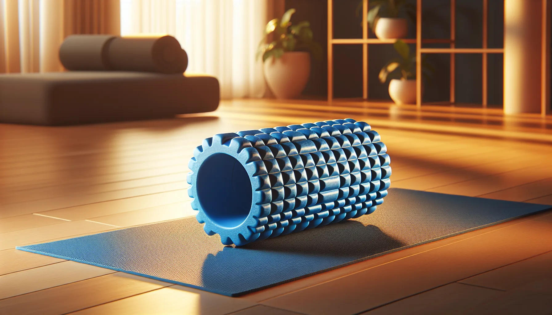 Textured grid foam roller close up on yoga mat
