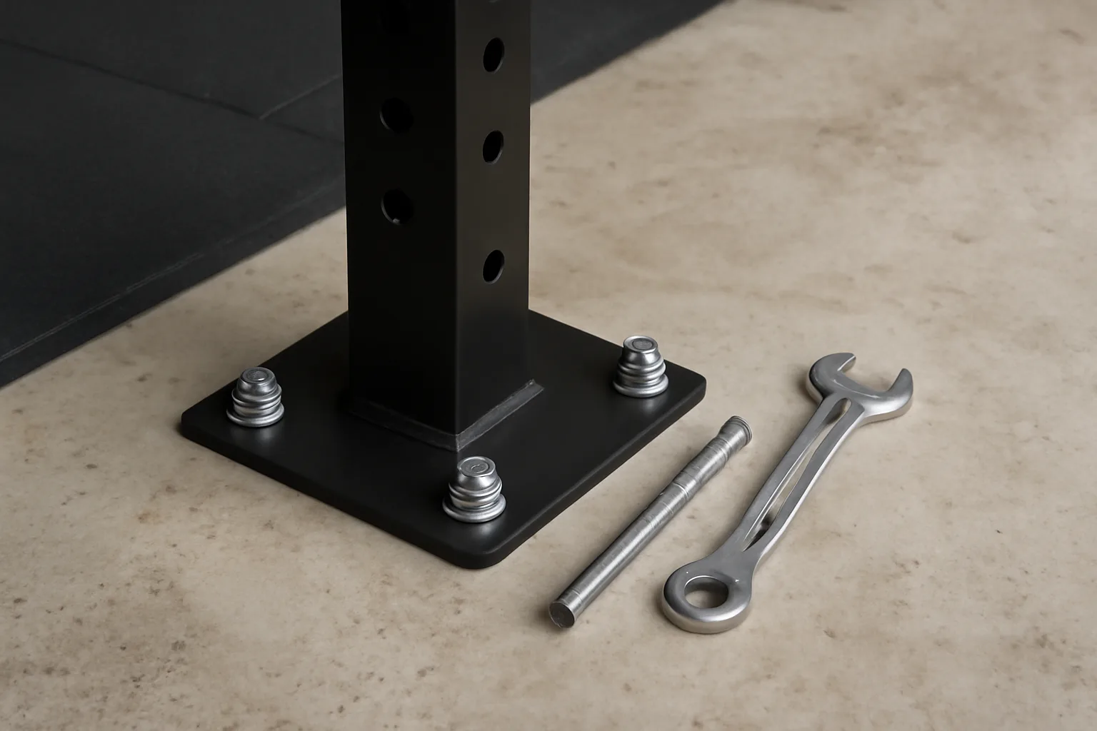Power rack base plate fixed to concrete with anchor bolts