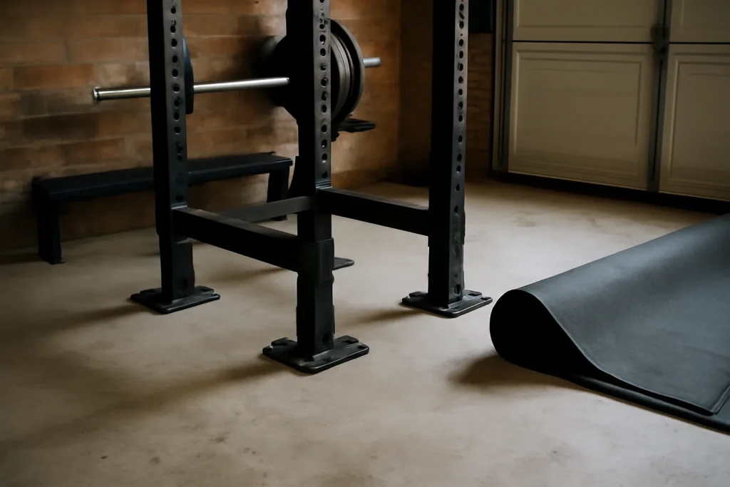 Power rack anchored to a concrete garage gym floor