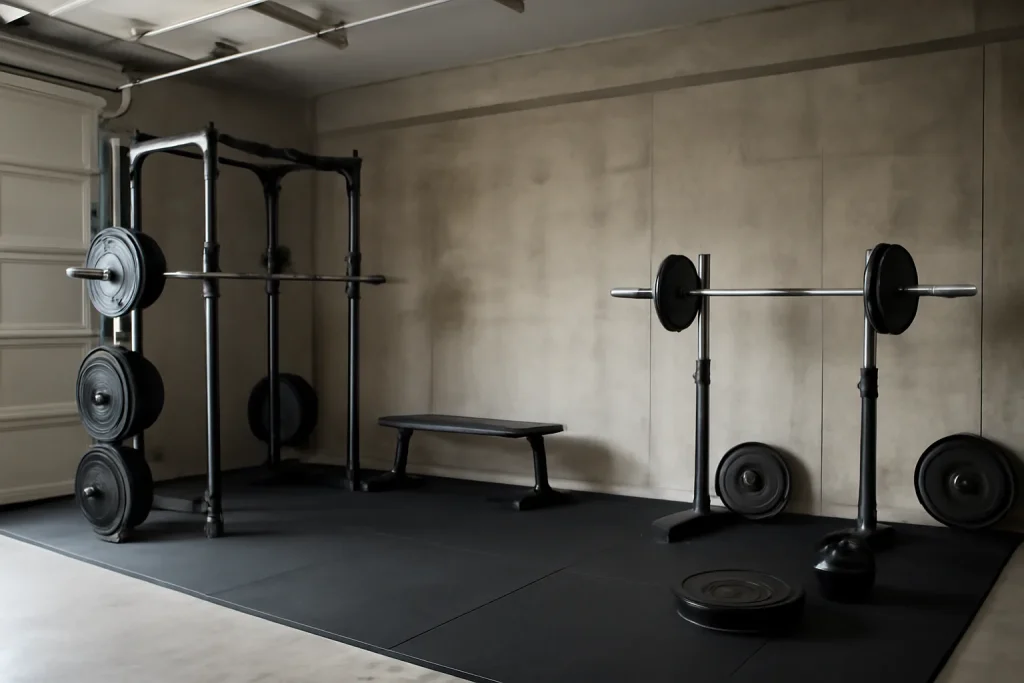 Power rack and squat stand side by side in a home gym