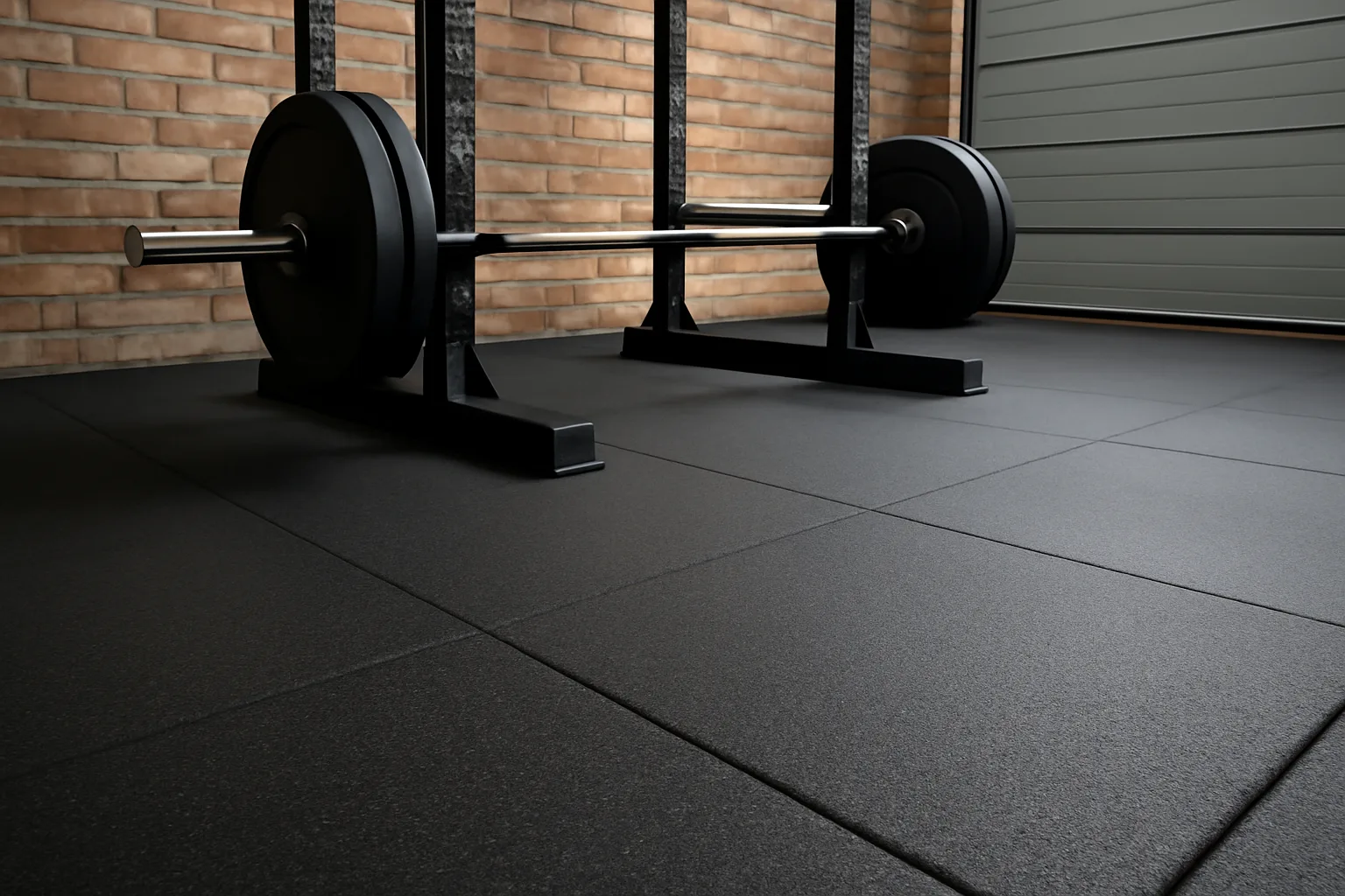 Rubber flooring under a power rack in a garage gym