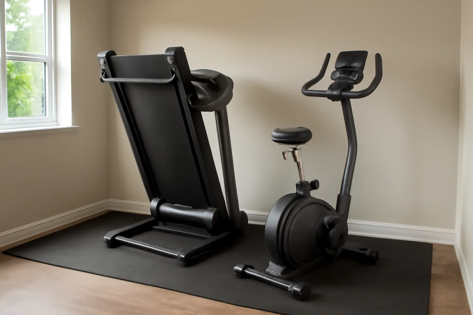 Compact treadmill and exercise bike in a small UK home gym