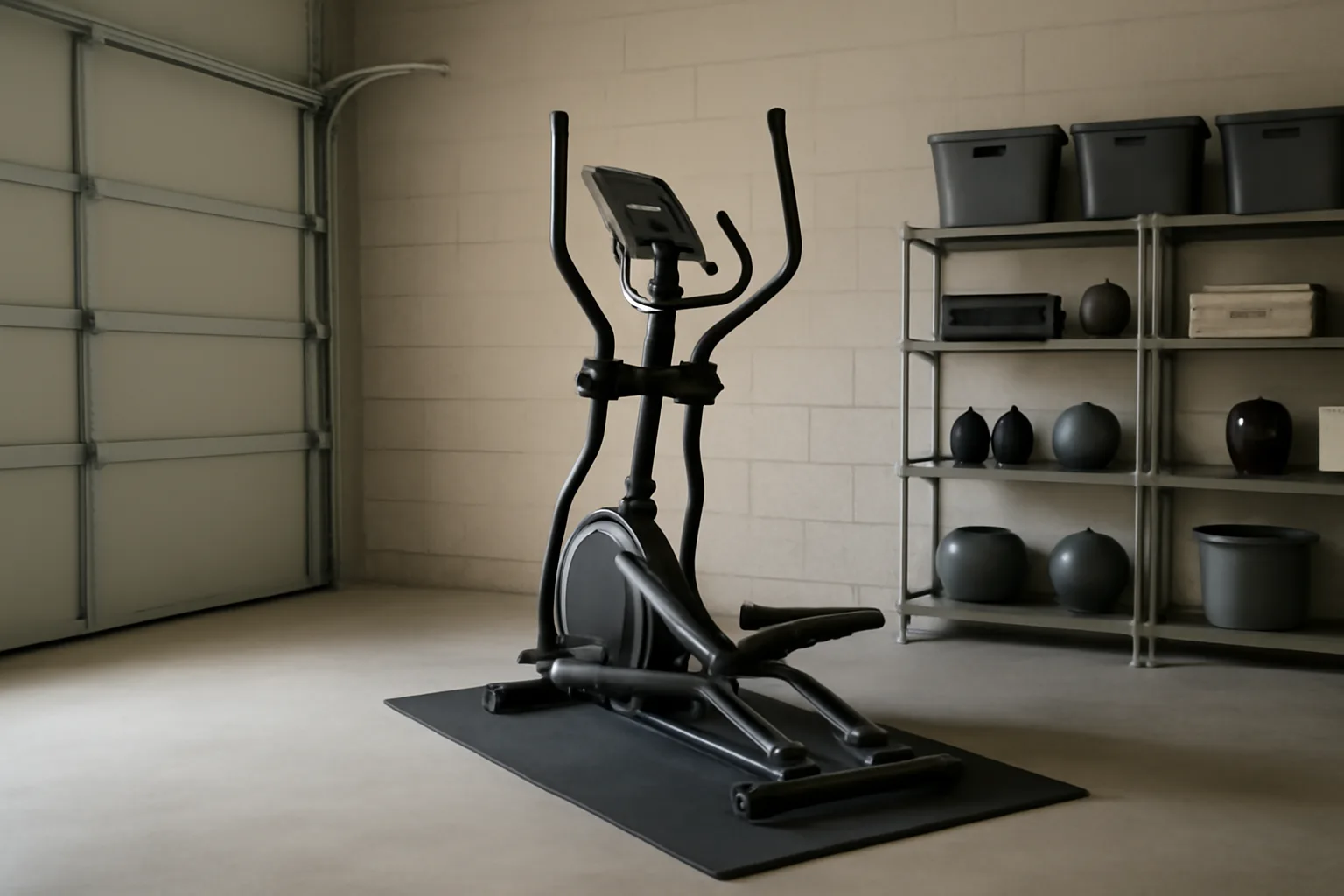 Elliptical trainer in a tidy home gym setup
