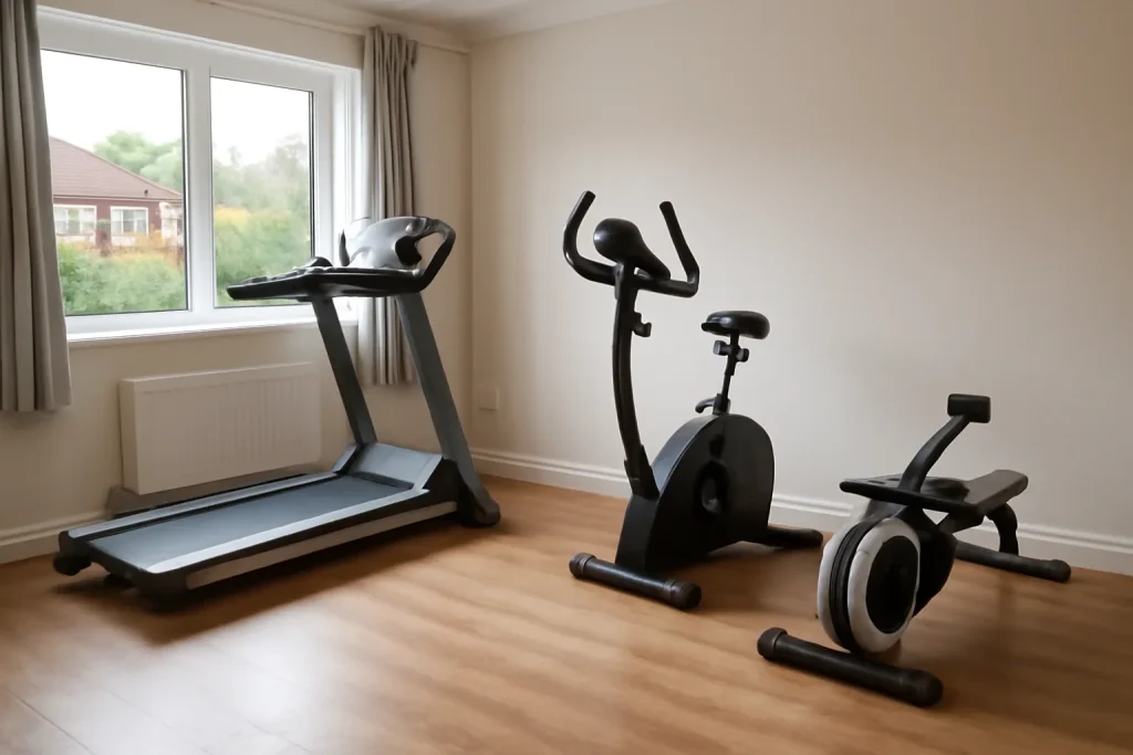 Treadmill, exercise bike and rowing machine in a tidy UK home gym