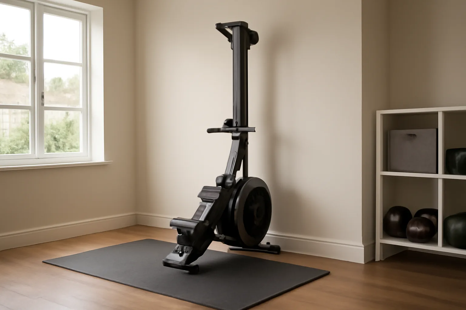 Rowing machine stored upright in a tidy UK home gym