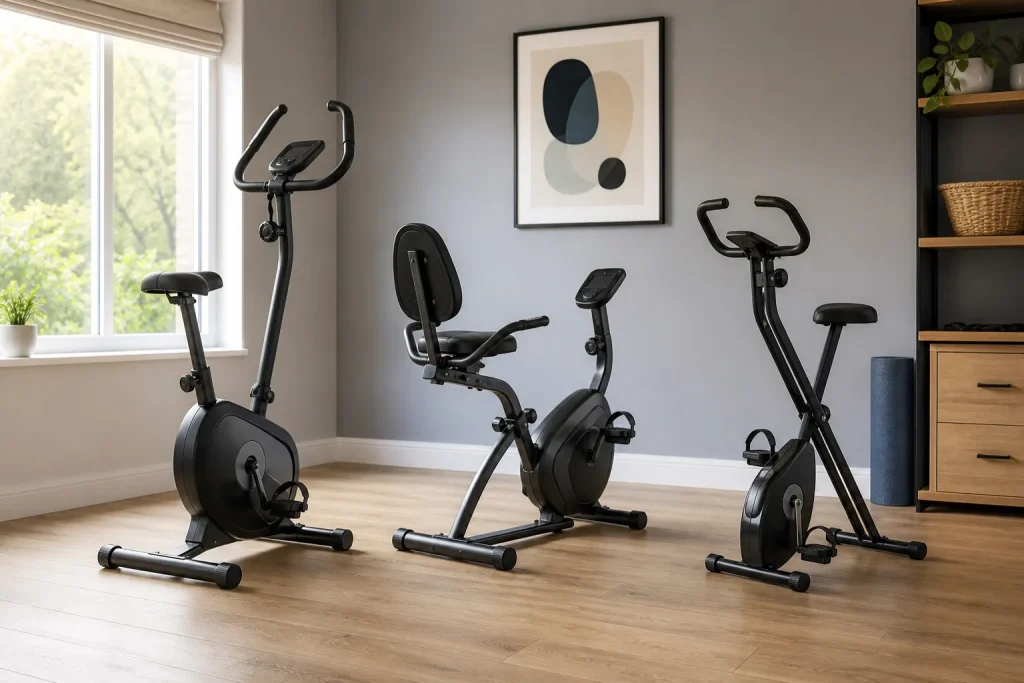 Three folding exercise bike styles arranged in a bright UK home gym