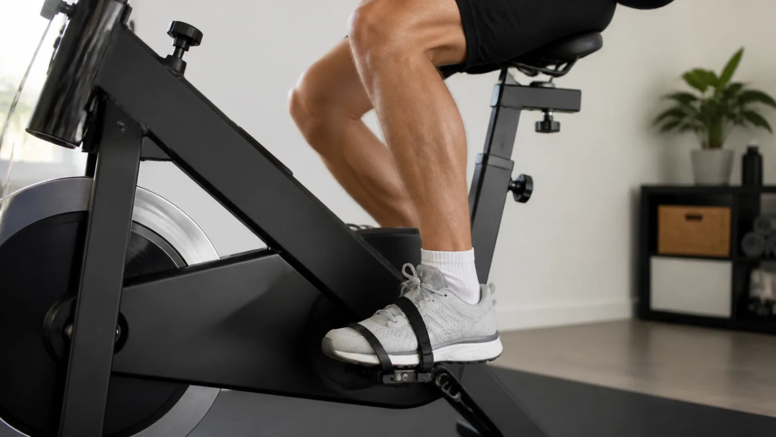 Foot secured correctly on an indoor exercise bike pedal
