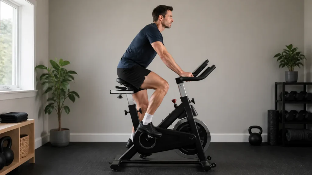 Side view of correct exercise bike saddle height and riding position