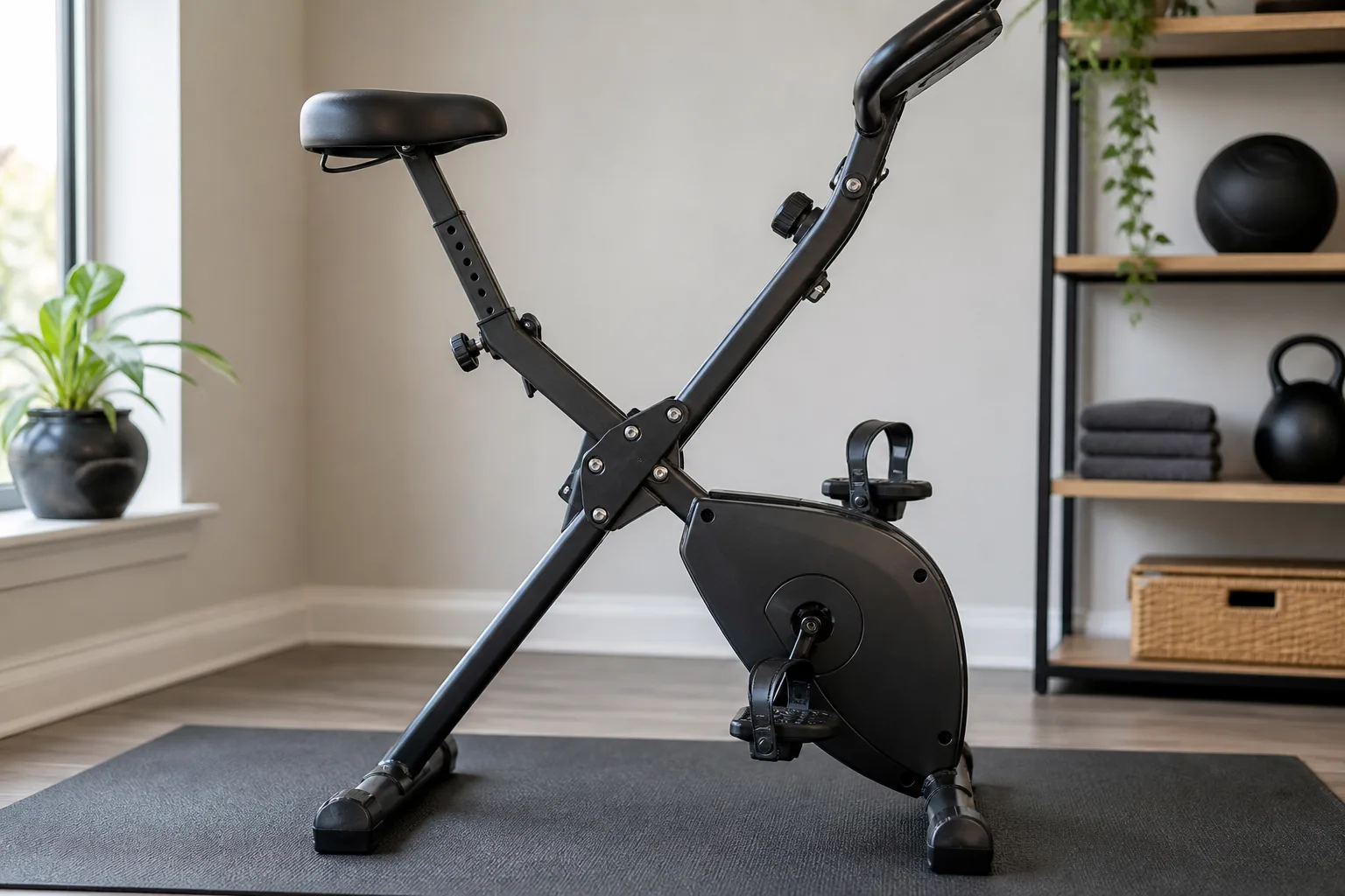Folding exercise bike saddle adjustment, pedals and central hinge detail