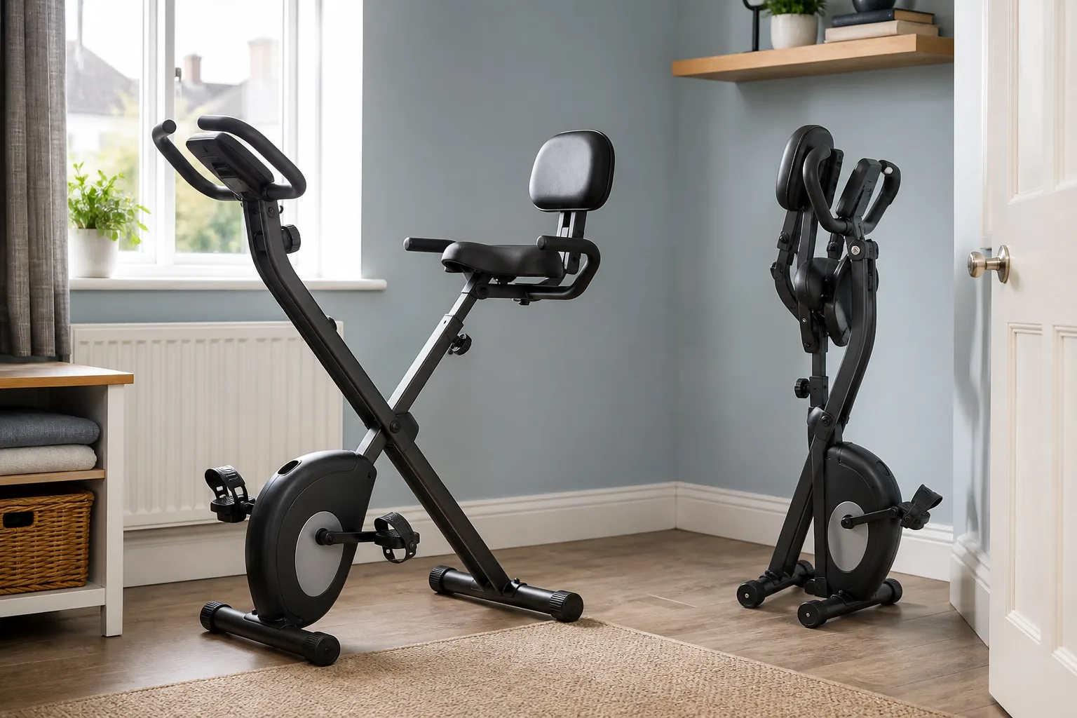 Folding exercise bike shown open beside the same bike folded for storage