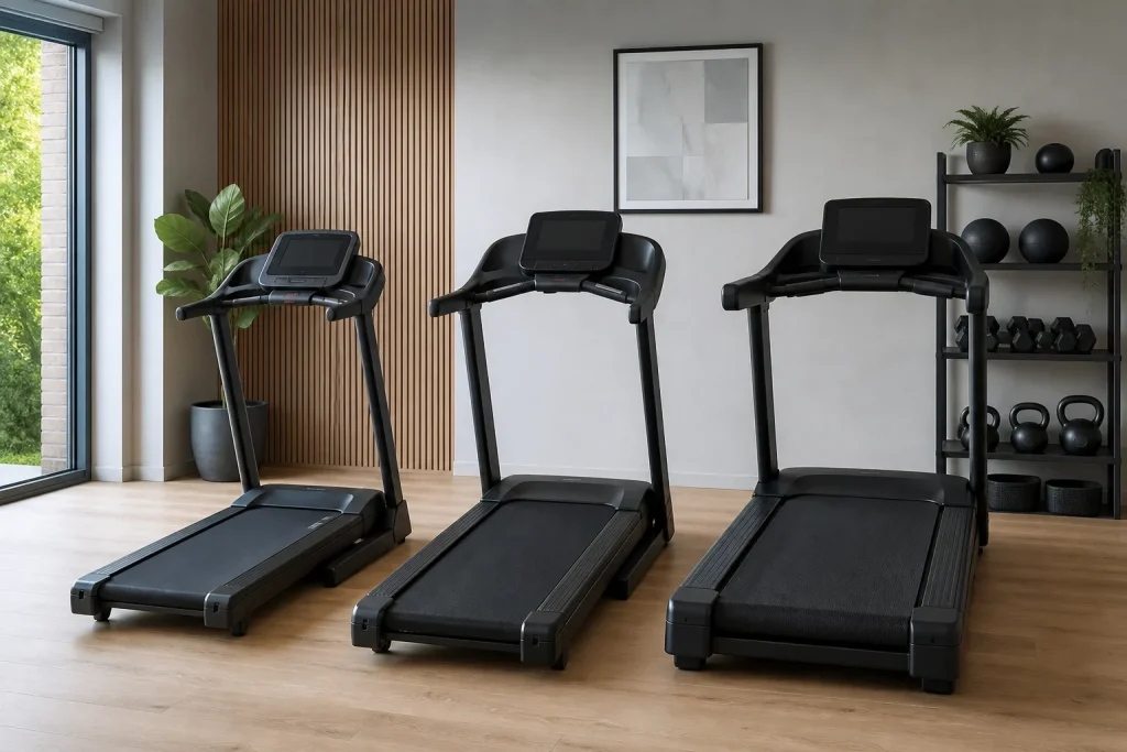 Compact, standard and wide treadmill decks in a bright UK home gym
