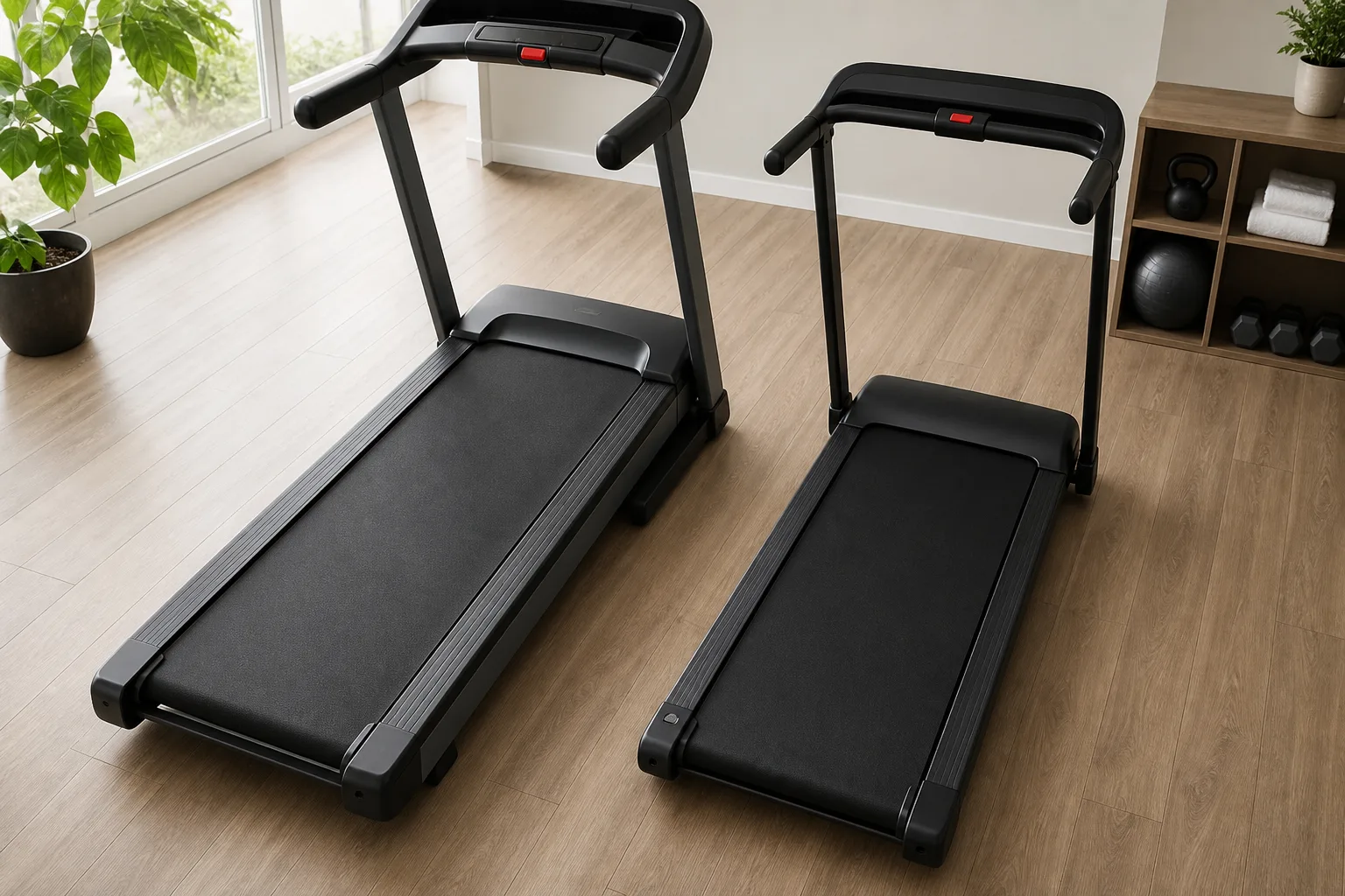 Two treadmill running decks with visibly different lengths and widths